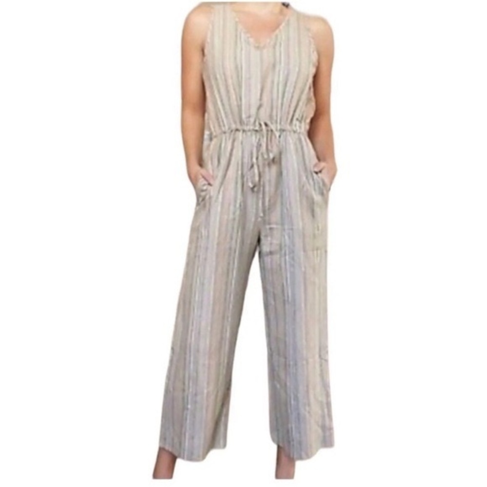 Drew Anthropologie Sleeveless V-neck Linen Blend Crop Jumpsuit w/Pockets Medium